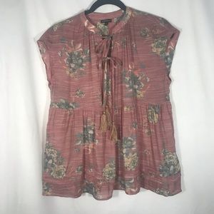 Hannah Pink Floral Peasant Top with Tassel Ties